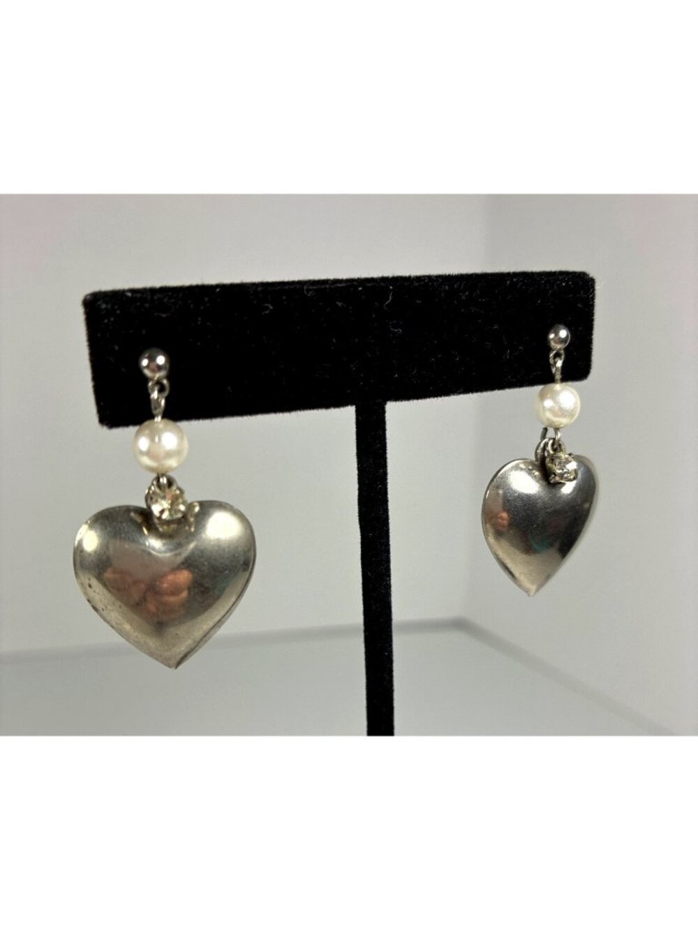Vintage Puffy Heart Pearl Dangle Earrings Silver Tone
